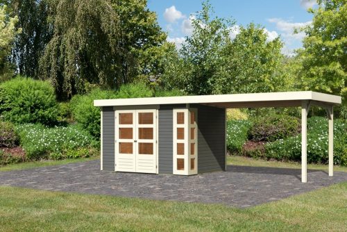Karibu Kerko 4. Lapostetős kerti ház, modern sarokablakkal, bővítménnyel/terasszal terra szürke színű fából 561 cm x 217 cm