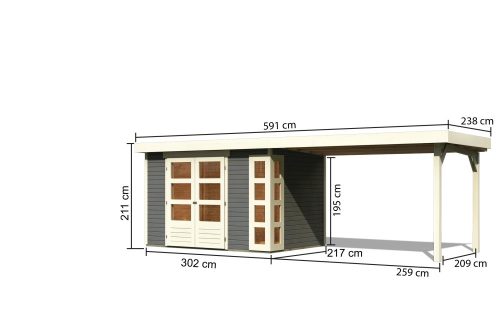 Karibu Kerko 4. Lapostetős kerti ház, modern sarokablakkal, bővítménnyel/terasszal terra szürke színű fából 561 cm x 217 cm