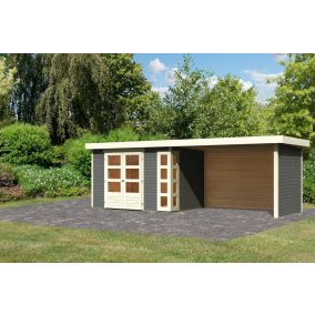   Karibu Kerko 4. Lapostetős kerti ház, modern sarokablakkal, oldal- és hátfallal rendelkező bővítménnyel/terasszal terra szürke színű fából 561 cm x 217 cm