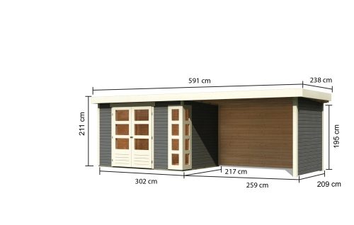 Karibu Kerko 4. Lapostetős kerti ház, modern sarokablakkal, oldal- és hátfallal rendelkező bővítménnyel/terasszal terra szürke színű fából 561 cm x 217 cm