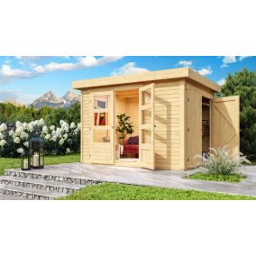   Karibu Retola 2. Lapostetős kerti ház beépített oldalsó tárolóval,  natúr fából 288 cm x 217 cm
