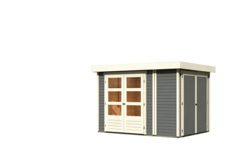 Karibu Retola 2. Lapostetős kerti ház beépített oldalsó tárolóval, terra szürke színű fából 288 cm x 217 cm