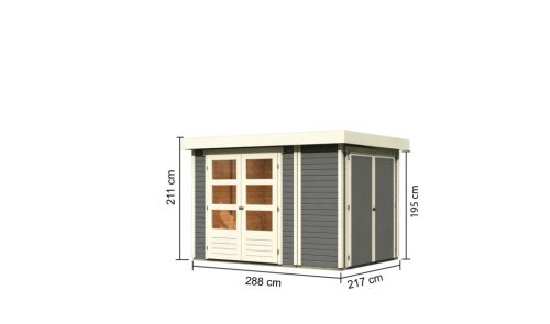 Karibu Retola 2. Lapostetős kerti ház beépített oldalsó tárolóval, terra szürke színű fából 288 cm x 217 cm