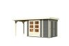 Karibu Retola 2. Lapostetős kerti ház beépített oldalsó tárolóval, fedett bővítménnyel/terasszal terra szürke színű fából 508 cm x 217 cm
