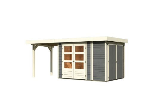 Karibu Retola 2. Lapostetős kerti ház beépített oldalsó tárolóval, fedett bővítménnyel/terasszal terra szürke színű fából 508 cm x 217 cm