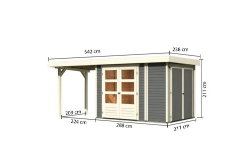Karibu Retola 2. Lapostetős kerti ház beépített oldalsó tárolóval, fedett bővítménnyel/terasszal terra szürke színű fából 508 cm x 217 cm