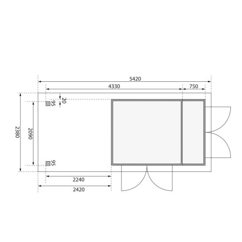Karibu Retola 2. Lapostetős kerti ház beépített oldalsó tárolóval, fedett bővítménnyel/terasszal terra szürke színű fából 508 cm x 217 cm