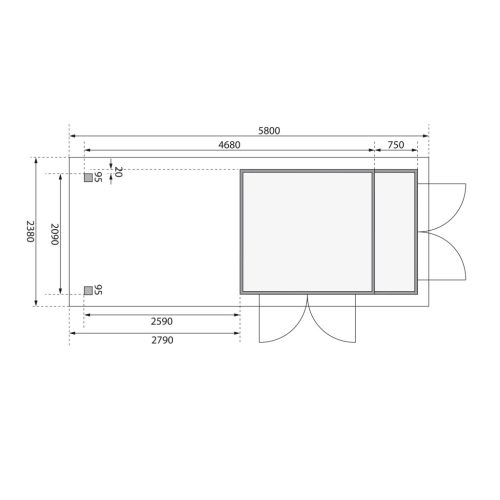 Karibu Retola 2. Lapostetős kerti ház beépített oldalsó tárolóval, fedett bővítménnyel/terasszal natúr fából 543 cm x 217 cm