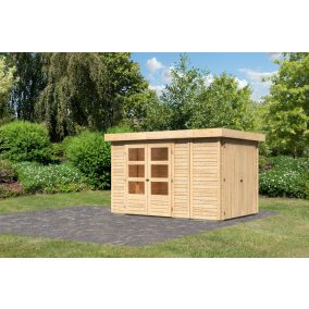   Karibu Retola 3. Lapostetős kerti ház beépített oldalsó tárolóval, natúr fából 319 cm x 217 cm