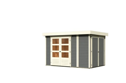 Karibu Retola 3. Lapostetős kerti ház beépített oldalsó tárolóval, terra szürke színű fából 319 cm x 217 cm