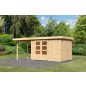   Karibu Retola 3. Lapostetős kerti ház beépített oldalsó tárolóval, bővítménnyel/terasszal natúr fából 537 cm x 217 cm