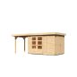   Karibu Retola 3. Lapostetős kerti ház beépített oldalsó tárolóval, bővítménnyel/terasszal natúr fából 537 cm x 217 cm