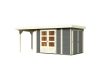 Karibu Retola 3. Lapostetős kerti ház beépített oldalsó tárolóval, bővítménnyel/terasszal terra szürke színű fából 537 cm x 217 cm
