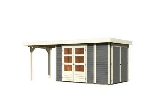 Karibu Retola 3. Lapostetős kerti ház beépített oldalsó tárolóval, bővítménnyel/terasszal terra szürke színű fából 537 cm x 217 cm