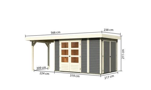 Karibu Retola 3. Lapostetős kerti ház beépített oldalsó tárolóval, bővítménnyel/terasszal terra szürke színű fából 537 cm x 217 cm