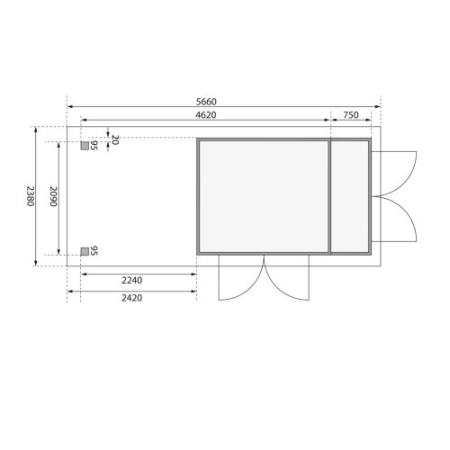 Karibu Retola 3. Lapostetős kerti ház beépített oldalsó tárolóval, bővítménnyel/terasszal terra szürke színű fából 537 cm x 217 cm