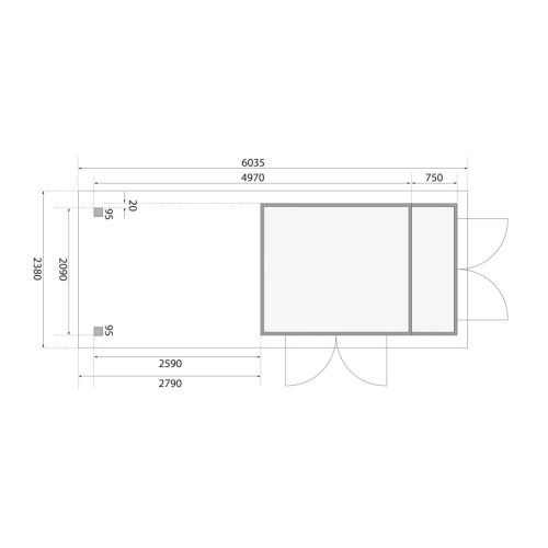 Karibu Retola 3. Lapostetős kerti ház beépített oldalsó tárolóval, bővítménnyel/terasszal natúr fából 572 cm x 217 cm