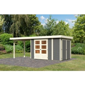   Karibu Retola 3. Lapostetős kerti ház beépített oldalsó tárolóval, bővítménnyel/terasszal  terra szürke színű fából 572 cm x 217 cm