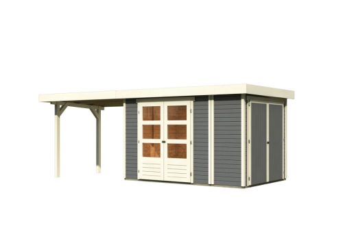 Karibu Retola 3. Lapostetős kerti ház beépített oldalsó tárolóval, bővítménnyel/terasszal  terra szürke színű fából 572 cm x 217 cm