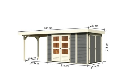 Karibu Retola 3. Lapostetős kerti ház beépített oldalsó tárolóval, bővítménnyel/terasszal  terra szürke színű fából 572 cm x 217 cm