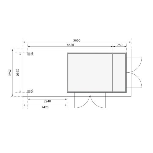 Karibu Retola 4. Lapostetős nagyméretű kerti ház beépített oldalsó tárolóval, bővítménnyel/terasszal, natúr fából 537 cm x 246 cm