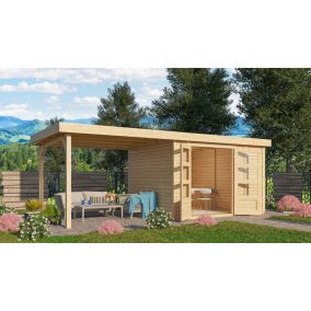   Karibu Retola 4. Lapostetős nagyméretű kerti ház beépített oldalsó tárolóval, bővítménnyel/terasszal, natúr fából 572 cm x 246 cm