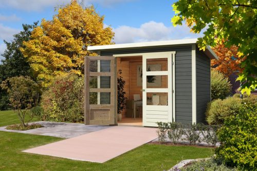 Karibu Stockach 4. kerti ház, kerti tároló, terra szürke színű fából 246 cm x 246 cm