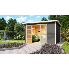   Karibu Stockach 5. kerti ház, kerti tároló, terra szürke színű fából 305 cm x 246 cm