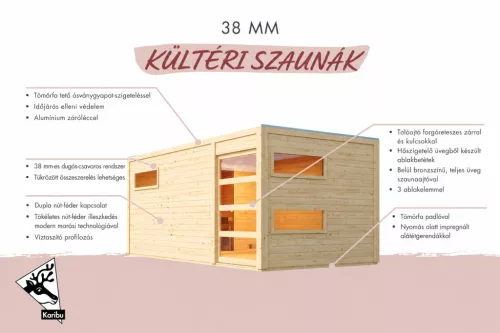 Karibu Hygge kültéri szaunaház 5 fő részére- Natúr fa színben, kályha nélkül, előszobával