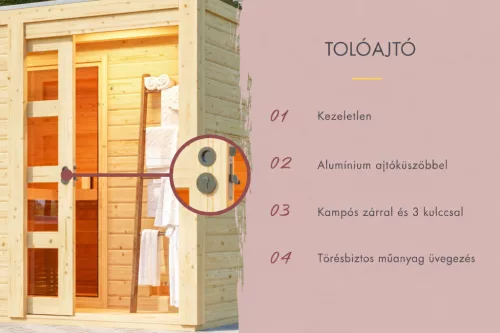 Karibu Hygge kültéri szaunaház 5 fő részére- Natúr fa színben, kályha nélkül, előszobával
