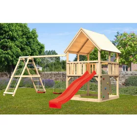   Karibu Luis 2. Játszótorony piros csúszdával, dupla hintával, mászókával, mászófallal, létrával