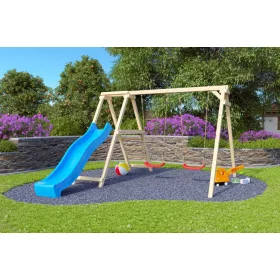   Karibu Felix kétszemélyes fa hinta mászókával, kék csúszdával, 308 cm x 264 cm