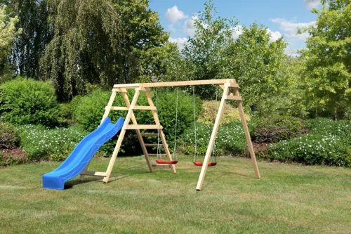 Karibu Felix kétszemélyes fa hinta mászókával, kék csúszdával, 308 cm x 264 cm