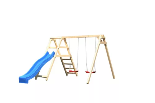 Karibu Felix kétszemélyes fa hinta mászókával, kék csúszdával, 308 cm x 264 cm