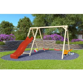  Karibu Felix kétszemélyes fa hinta mászókával, piros csúszdával, 308 cm x 264 cm