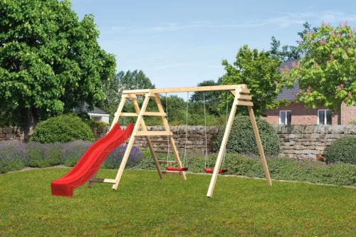 Karibu Felix kétszemélyes fa hinta mászókával, piros csúszdával, 308 cm x 264 cm