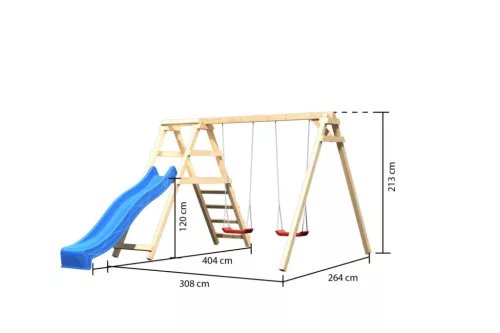 Karibu Felix kétszemélyes fa hinta mászókával, piros csúszdával, 308 cm x 264 cm