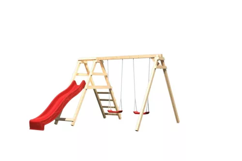 Karibu Felix kétszemélyes fa hinta mászókával, piros csúszdával, 308 cm x 264 cm
