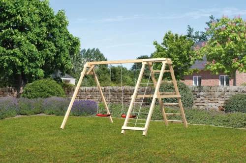 Karibu Felix kétszemélyes fa hinta mászókával, 308 cm x 264 cm