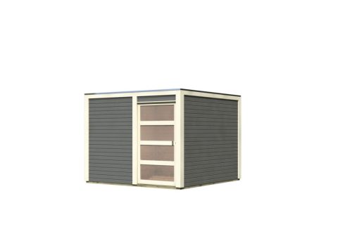 Karibu Qubic 2. Lapostetős modern medenceház, kerti tároló, ház, terra szürke színű fából 276 cm x 276 cm