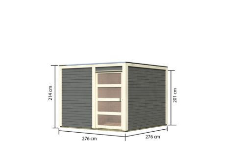 Karibu Qubic 2. Lapostetős modern medenceház, kerti tároló, ház, terra szürke színű fából 276 cm x 276 cm