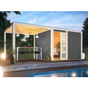   Karibu Qubic 2. Lapostetős modern medenceház, kerti tároló, ház bővítménnyel/terasszal, terra szürke színű fából 542,5 cm × 276 cm