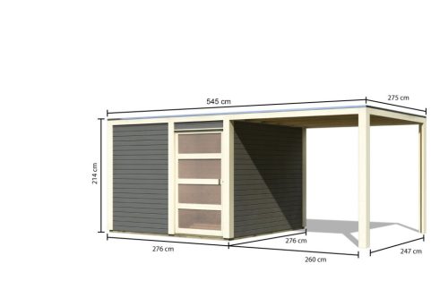 Karibu Qubic 2. Lapostetős modern medenceház, kerti tároló, ház bővítménnyel/terasszal, terra szürke színű fából 542,5 cm × 276 cm