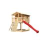   Karibu Benjamin 1.  cölöpös fa játszóház, kültéri kerti játszóház létrával, piros csúszdával, fa rámpával