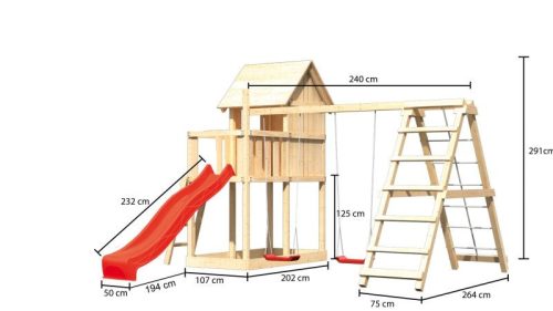 Karibu Frieda 3. cölöpös fa játszóház, kültéri kerti játszóház, létrával, piros csúszdával, dupla hintával, mászókával