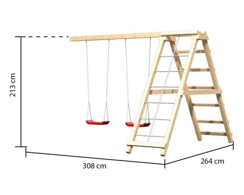 Karibu Frieda 3. cölöpös fa játszóház, kültéri kerti játszóház, létrával, piros csúszdával, dupla hintával, mászókával