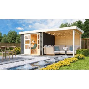   Karibu Askola 3.5 Lapostetős kerti ház, kerti tároló, hátfallal rendelkező bővítménnyel/terasszal, terra szürke színű fából 497 cm x 246 cm