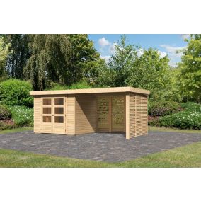   Karibu Askola 3. Lapostetős kerti ház, kerti tároló, nyitott lamellás oldal- és hátfallal rendelkező bővítménnyel/terasszal, natúr fából 497 cm x 217 cm