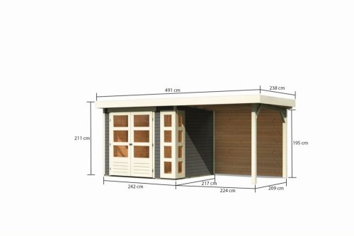 Karibu Kerko 3. Lapostetős kerti ház, sarokablakkal, hátfallal rendelkező bővítménnyel/terasszal, terra szürke színű fából 462 cm x 217 cm