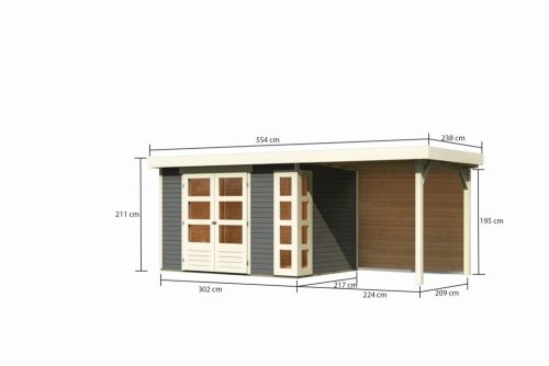 Karibu Kerko 4. Lapostetős kerti ház, modern sarokablakkal, hátfallal rendelkező bővítménnyel/terasszal terra szürke színű fából 522 cm x 217 cm